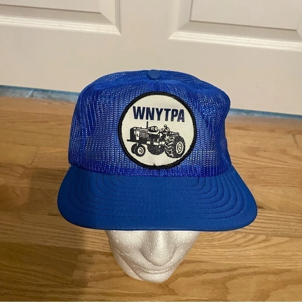 Vintage WNYTPA Patch Mesh Snap Back Trucker Hat Blue Made in USA Tractor Pull